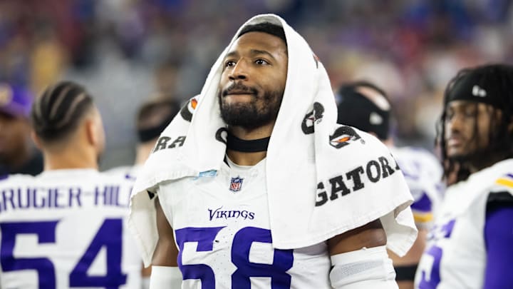 Jan 13, 2025; Glendale, AZ, USA; Minnesota Vikings linebacker Jonathan Greenard (58) against the Los Angeles Rams during an NFC wild card game at State Farm Stadium. Jan 13, 2025; Glendale, AZ, USA; Minnesota Vikings linebacker Jonathan Greenard (58) against the Los Angeles Rams during an NFC wild card game at State Farm Stadium.