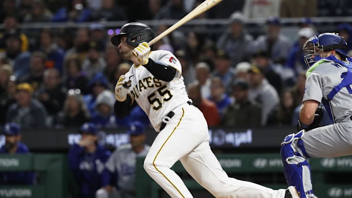 Apr 26, 2023; Pittsburgh, Pennsylvania, USA; Pittsburgh Pirates catcher Jason Delay (55) hits an