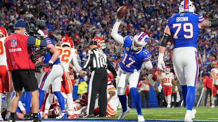 Nov 2, 2025; Orchard Park, New York, USA; Buffalo Bills quarterback Josh Allen (17)  celebrates a touchdown against the Kansas City Chiefs at Highmark Stadium. 