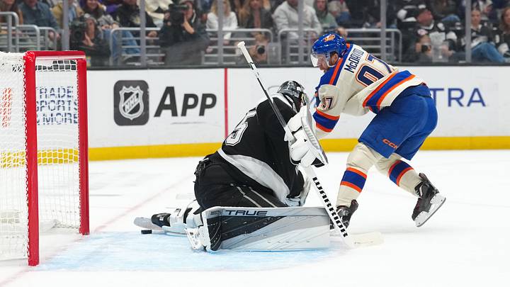 Oct 13, 2026; Los Angeles, California, USA; Edmonton Oilers center Connor McDavid (97) scores a goal against LA Kings goaltender Darcy Kuemper (35) in the first period at Crypto.com Arena. Mandatory Credit: Kirby Lee-Imagn Images