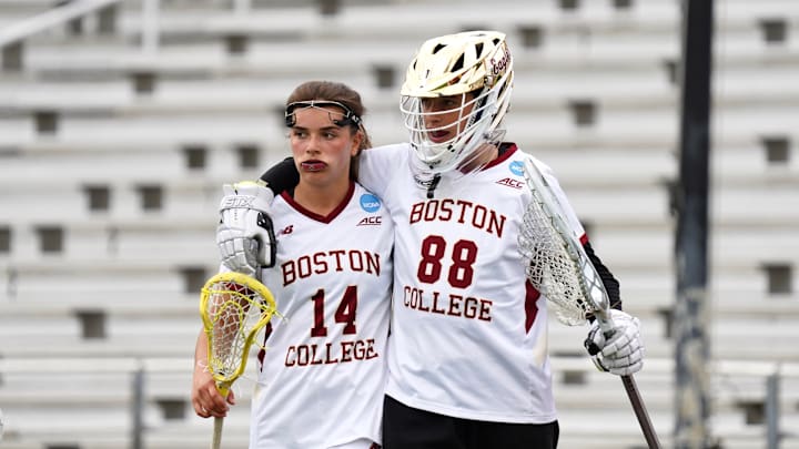 Boston College women's lacrosse's Shea Baker and Shea Dolce during a game. 