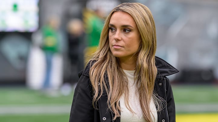 ESPN reporter Molly McGrath on the sidelines at Autzen Stadium.