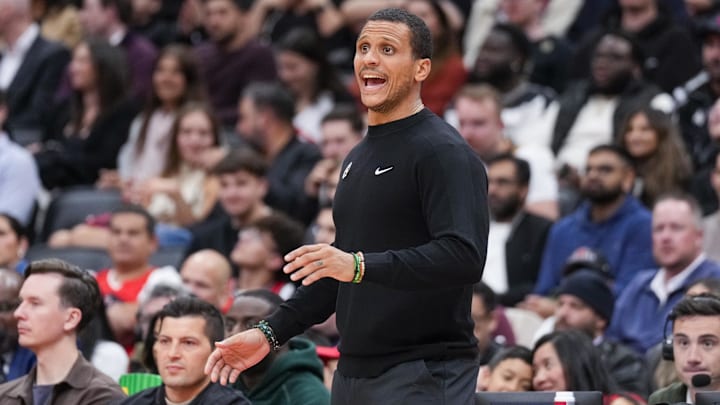 Oct 15, 2024; Toronto, Ontario, CAN;  Boston Celtics head coach Joe Mazzulla looks on from the bench against the Toronto Raptors at Scotiabank Arena. Mandatory Credit: Kevin Sousa-Imagn Images