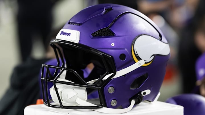 Jan 13, 2025; Glendale, AZ, USA; Detailed view of a Minnesota Vikings helmet during an NFC wild card game at State Farm Stadium. Mandatory Credit: Mark J. Rebilas-Imagn Images