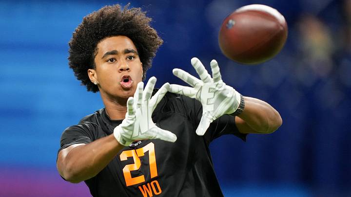 Feb 28, 2026; Indianapolis, IN, USA; Southern California wideout Ja'Kobi Lane (WO27) during the NFL Scouting Combine at Lucas Oil Stadium. Mandatory Credit: Kirby Lee-Imagn Images