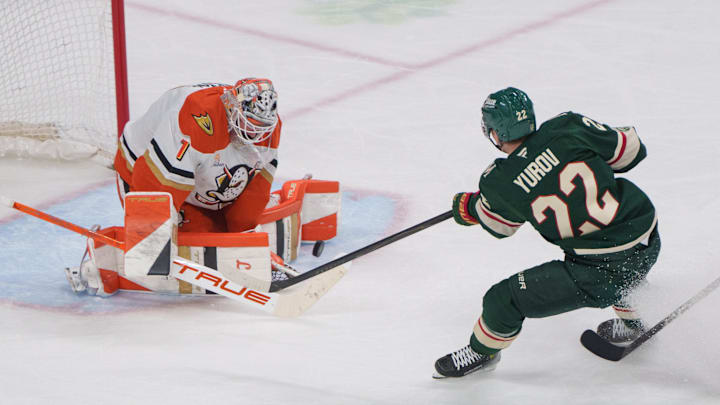 Apr 14, 2026; Saint Paul, Minnesota, USA; Minnesota Wild right wing Danila Yurov (22) has a shot stopped by Anaheim Ducks goaltender Lukas Dostal (1) in the second period at Grand Casino Arena. Mandatory Credit: Matt Blewett-Imagn Images