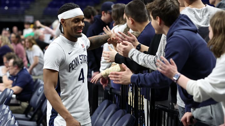 Feb 28, 2026; University Park, Pennsylvania, USA; Penn State Nittany Lions guard Kayden Mingo (4) interacts with the fans following the game against the Iowa Hawkeyes at Bryce Jordan Center. Mandatory Credit: Matthew O'Haren-Imagn Images Feb 28, 2026; University Park, Pennsylvania, USA; Penn State Nittany Lions guard Kayden Mingo (4) interacts with the fans following the game against the Iowa Hawkeyes at Bryce Jordan Center. Mandatory Credit: Matthew O'Haren-Imagn Images