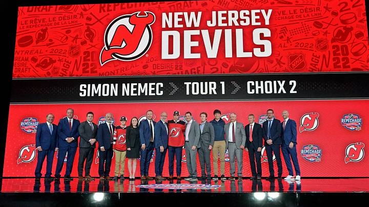Simon Nemec after being selected by the New Jersey Devils in the first round of the 2022 NHL Draft: Eric Bolte-Imagn Images