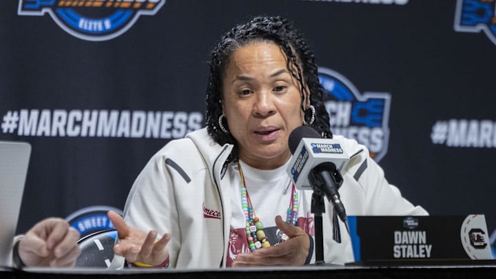 Mar 27, 2025; Birmingham, AL, USA; South Carolina Gamecocks head coach Dawn Staley talks with the media after an NCAA Tournament practice session at Legacy Arena. Mandatory Credit: Vasha Hunt-Imagn Images