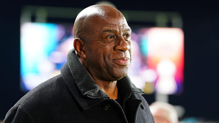 Nov 23, 2024; Kansas City, Missouri, USA; Magic Johnson attends the 2024 NWSL Championship match at CPKC Stadium. Mandatory Credit: Denny Medley-Imagn Images Nov 23, 2024; Kansas City, Missouri, USA; Magic Johnson attends the 2024 NWSL Championship match at CPKC Stadium. Mandatory Credit: Denny Medley-Imagn Images