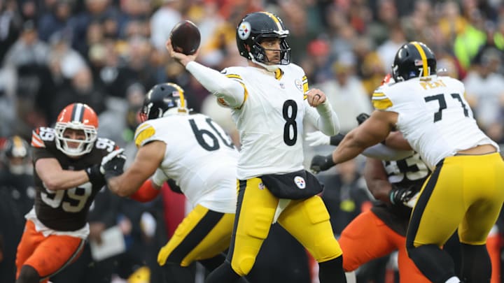 Dec 28, 2025; Cleveland, Ohio, USA;  Pittsburgh Steelers quarterback Aaron Rodgers (8) throws in the first quarter against the Cleveland Browns at Huntington Bank Field. Mandatory Credit: Scott Galvin-Imagn Images