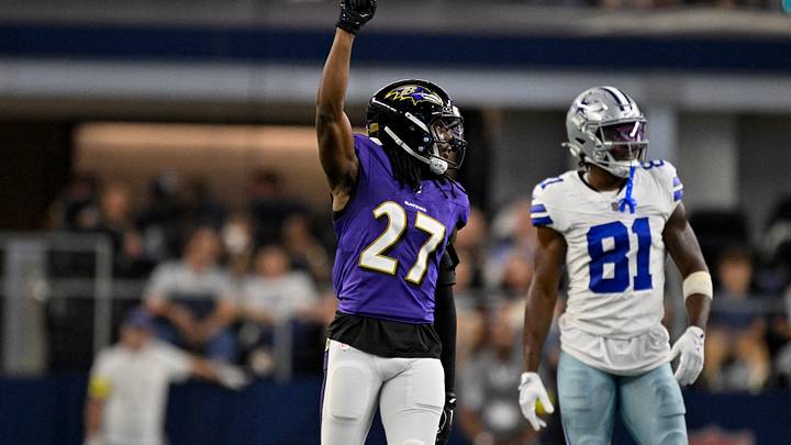 Aug 16, 2025; Arlington, Texas, USA; Baltimore Ravens cornerback T.J. Tampa (27) celebrates after the Ravens make a fourth down stop of the Dallas Cowboys during the second quarter at AT&T Stadium. Mandatory Credit: Jerome Miron-Imagn Images Aug 16, 2025; Arlington, Texas, USA; Baltimore Ravens cornerback T.J. Tampa (27) celebrates after the Ravens make a fourth down stop of the Dallas Cowboys during the second quarter at AT&T Stadium. Mandatory Credit: Jerome Miron-Imagn Images