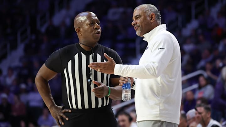 Mar 2, 2025; Manhattan, Kansas, USA; Kansas State Wildcats head coach Jerome Tang talks to an official during the second half against the Colorado Buffaloes at Bramlage Coliseum. Mandatory Credit: Scott Sewell-Imagn Images