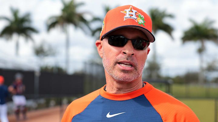 Feb 15, 2026; West Palm Beach, FL, USA; Houston Astros manager Joe Espada (19) speaks to reporters before a spring training workout at CACTI Park of The Palm Beaches. Feb 15, 2026; West Palm Beach, FL, USA; Houston Astros manager Joe Espada (19) speaks to reporters before a spring training workout at CACTI Park of The Palm Beaches.