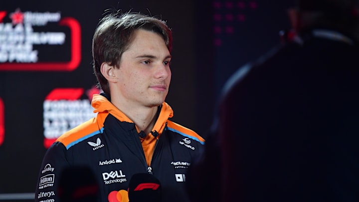 Nov 20, 2024; Las Vegas, Nevada, USA; McLaren Team driver Oscar Piastri (81) during media availalbilities at Las Vegas Circuit. Mandatory Credit: Gary A. Vasquez-Imagn Images
