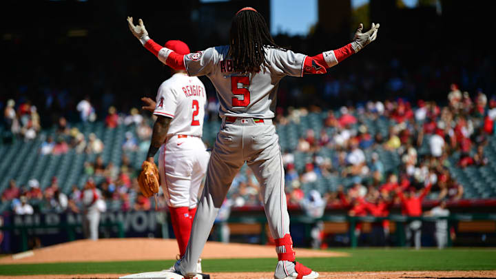 Jun 29, 2025; Anaheim, California, USA; Washington Nationals shortstop CJ Abrams (5) reacts after reaching third on a two run RBI triple against the Los Angeles Angels during the eleventh inning at Angel Stadium. 