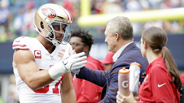 Sep 7, 2025; Seattle, Washington, USA; San Francisco 49ers defensive end Nick Bosa (97) reacts with San Francisco 49ers general manager John Lynch before the game against the Seattle Seahawks at Lumen Field. Mandatory Credit: Joe Nicholson-Imagn Images