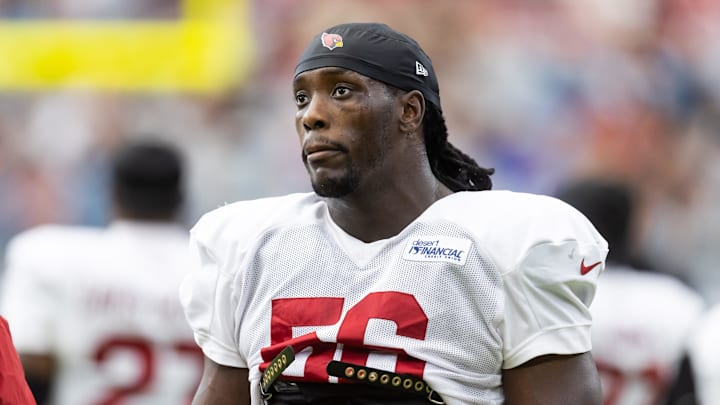 Aug 2, 2025; Glendale, AZ, USA; Arizona Cardinals defensive lineman Darius Robinson (56) during the Red and White practice in training camp at State Farm Stadium. Mandatory Credit: Mark J. Rebilas-Imagn Images Aug 2, 2025; Glendale, AZ, USA; Arizona Cardinals defensive lineman Darius Robinson (56) during the Red and White practice in training camp at State Farm Stadium. Mandatory Credit: Mark J. Rebilas-Imagn Images