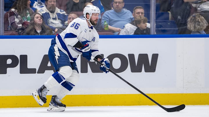 Dec 8, 2024; Vancouver, British Columbia, CAN; Tampa Bay Lightning forward Nikita Kucherov (86) handles the puck against the Vancouver Canucks during the second period at Rogers Arena. Mandatory Credit: Bob Frid-Imagn Images Dec 8, 2024; Vancouver, British Columbia, CAN; Tampa Bay Lightning forward Nikita Kucherov (86) handles the puck against the Vancouver Canucks during the second period at Rogers Arena. Mandatory Credit: Bob Frid-Imagn Images