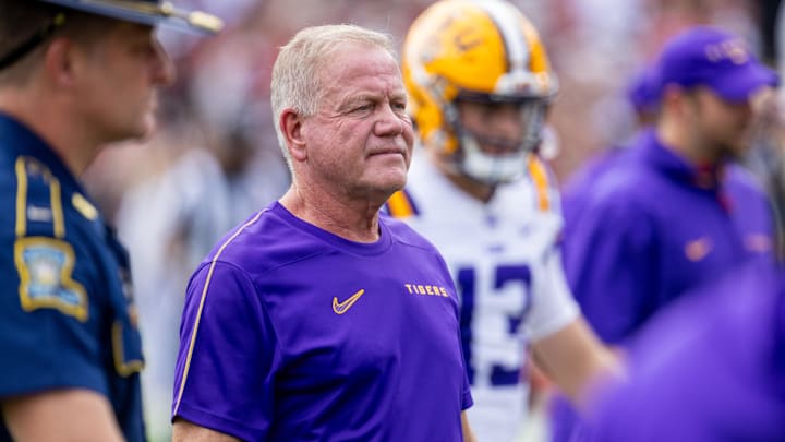 Sep 14, 2024; Columbia, South Carolina, USA; LSU Tigers head coach Brian Kelly walks off the field after warms against the South Carolina Gamecocks at Williams-Brice Stadium. Mandatory Credit: Scott Kinser-Imagn Images