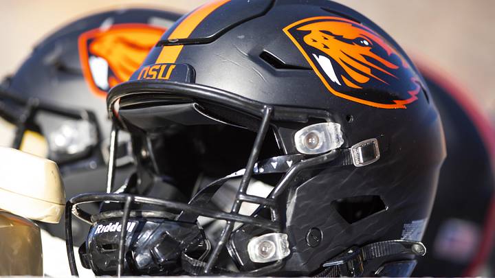 Nov 19, 2022; Tempe, Arizona, USA; Detailed view of an Oregon State Beavers helmet at Sun Devil Stadium. Mandatory Credit: Mark J. Rebilas-Imagn Images