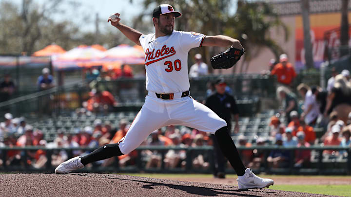 Feb 27, 2025; Sarasota, Florida, USA; Baltimore Orioles starting pitcher Grayson Rodriguez (30) throws a pitch during the first inning against the Toronto Blue Jays at Ed Smith Stadium. Feb 27, 2025; Sarasota, Florida, USA; Baltimore Orioles starting pitcher Grayson Rodriguez (30) throws a pitch during the first inning against the Toronto Blue Jays at Ed Smith Stadium.