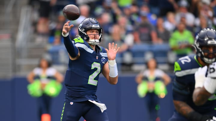 Aug 7, 2025; Seattle, Washington, USA; Seattle Seahawks quarterback Drew Lock (2) passes the ball against the Las Vegas Raiders during the first half at Lumen Field. Mandatory Credit: Steven Bisig-Imagn Images