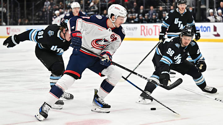 Blue Jackets defenseman Zach Werenski looks to make a play against the Utah Mammoth last season.