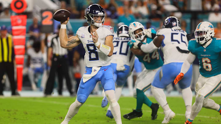 Sep 30, 2024; Miami Gardens, Florida, USA; Tennessee Titans quarterback Will Levis (8) throws the football against the Miami Dolphins during the first quarter at Hard Rock Stadium.