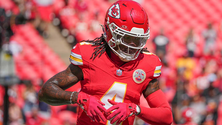 Sep 15, 2024; Kansas City, Missouri, USA; Kansas City Chiefs wide receiver Rashee Rice (4) warms up against the Cincinnati Bengals prior to a game at GEHA Field at Arrowhead Stadium. Mandatory Credit: Denny Medley-Imagn Images
