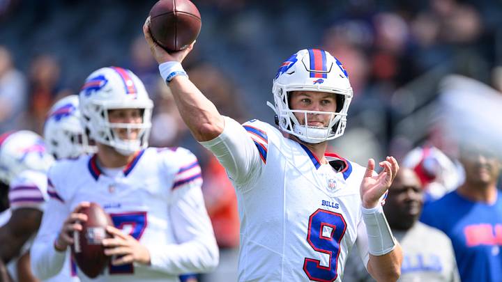 Aug 26, 2023; Chicago, Illinois, USA; Buffalo Bills quarterback Kyle Allen (9) warms up before a game against the Chicago Bears at Soldier Field. Mandatory Credit: Daniel Bartel-Imagn Images