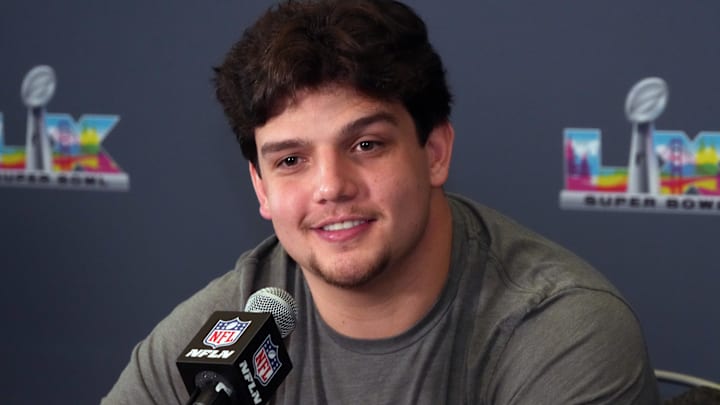 Feb 3, 2026; Santa Clara, CA, USA; New England Patriots offensive tackle Will Campbell speaks to the media during Super Bowl LX press conference at Santa Clara Marriott.