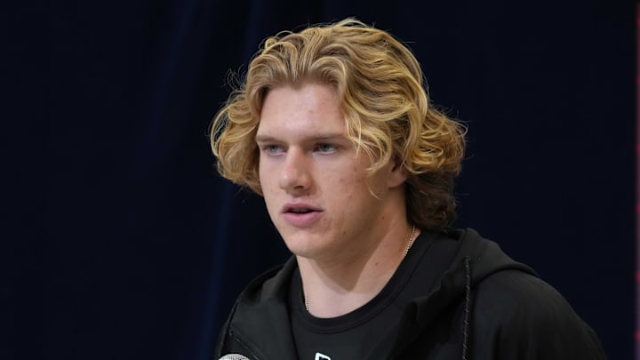 Feb 26, 2025; Indianapolis, IN, USA; UCLA linebacker Carson Schwesinger (LB25) during the 2025 NFL Scouting Combine at the Indiana Convention Center. Mandatory Credit: Kirby Lee-Imagn Images