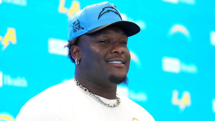 May 12, 2025; El Segundo, CA, USA; Los Angeles Chargers defensive tackle Naquan Jones at press conference during offseason workouts at The Bolt. Mandatory Credit: Kirby Lee-Imagn Images