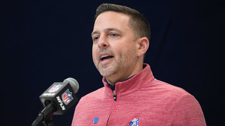 Feb 27, 2025; Indianapolis, IN, USA; New England Patriots general manager Eliot Wolf speaks during the 2025 NFL Scouting Combine at the Indiana Convention Center. Mandatory Credit: Kirby Lee-Imagn Images Feb 27, 2025; Indianapolis, IN, USA; New England Patriots general manager Eliot Wolf speaks during the 2025 NFL Scouting Combine at the Indiana Convention Center. Mandatory Credit: Kirby Lee-Imagn Images