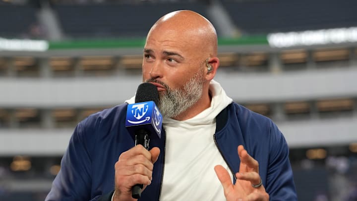 Oct 24, 2024; Inglewood, California, USA; Andrew Whitworth on the Thursday Night Football Tonight set at SoFi Stadium. Mandatory Credit: Kirby Lee-Imagn Images Oct 24, 2024; Inglewood, California, USA; Andrew Whitworth on the Thursday Night Football Tonight set at SoFi Stadium. Mandatory Credit: Kirby Lee-Imagn Images