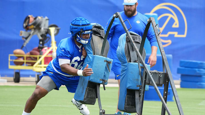 Jun 3, 2025; Woodland Hills, CA, USA; Los Angeles Rams lineman Willie Lampkin (62) during organized team activities at Rams Practice Facility. Mandatory Credit: Kirby Lee-Imagn Images Jun 3, 2025; Woodland Hills, CA, USA; Los Angeles Rams lineman Willie Lampkin (62) during organized team activities at Rams Practice Facility. Mandatory Credit: Kirby Lee-Imagn Images