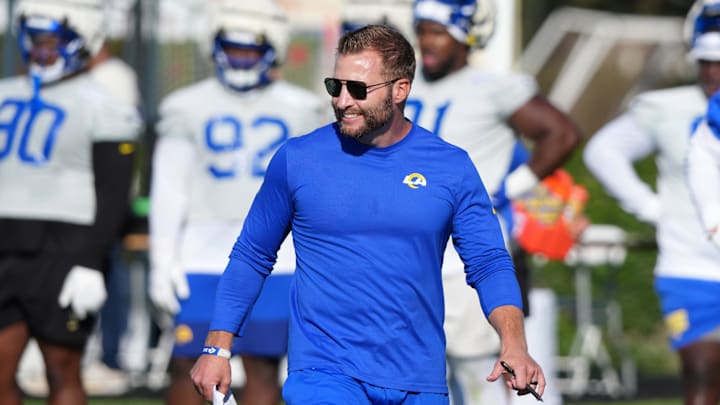 Jul 23, 2025; Los Angeles, CA, USA; Los Angeles Rams coach Sean McVay during training camp at Loyola Marymount University. Mandatory Credit: Kirby Lee-Imagn Images Jul 23, 2025; Los Angeles, CA, USA; Los Angeles Rams coach Sean McVay during training camp at Loyola Marymount University. Mandatory Credit: Kirby Lee-Imagn Images