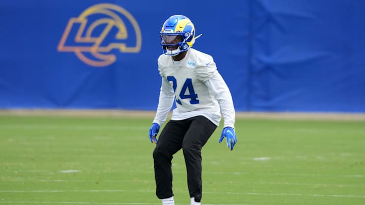 May 28, 2025; Woodland Hills, CA, USA; Los Angeles Rams cornerback Darious Williams (24) during organized team activities at Rams Practice Facility. Mandatory Credit: Kirby Lee-Imagn Images May 28, 2025; Woodland Hills, CA, USA; Los Angeles Rams cornerback Darious Williams (24) during organized team activities at Rams Practice Facility. Mandatory Credit: Kirby Lee-Imagn Images