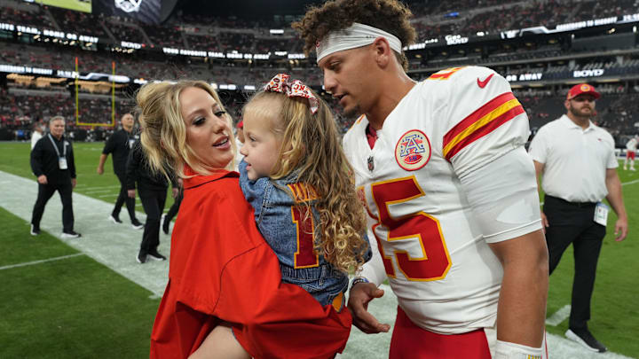 Kansas City Chiefs quarterback Patrick Mahomes (15) interacts with wife Brittany Mahomes and daughter Sterling Mahomes during the game against the Las Vegas Raiders at Allegiant Stadium. Kansas City Chiefs quarterback Patrick Mahomes (15) interacts with wife Brittany Mahomes and daughter Sterling Mahomes during the game against the Las Vegas Raiders at Allegiant Stadium.