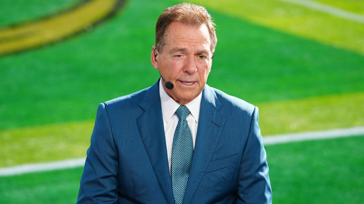 Jan 1, 2025; Pasadena, California, USA; Nick Saban on the ESPN Gameday set at Rose Bowl Stadium. Mandatory Credit: Kirby Lee-Imagn Images