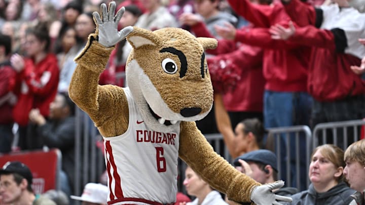 Jan 25, 2025; Pullman, Washington, USA; Washington State Cougars mascot Butch performs during a game against the St. Mary's Gaels in the second half at Friel Court at Beasley Coliseum. St. Mary's Gaels won 80-75. Mandatory Credit: James Snook-Imagn Images
