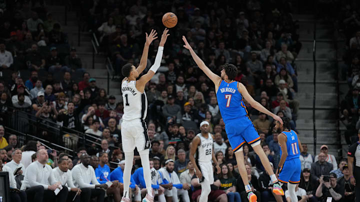 Feb 29, 2024; San Antonio, Texas, USA;  San Antonio Spurs center Victor Wembanyama (1) shoots over