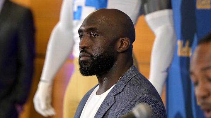 Feb 13, 2024; Los Angeles, CA, USA; DeShaun Foster answers questions from media after he was Feb 13, 2024; Los Angeles, CA, USA; DeShaun Foster answers questions from media after he was