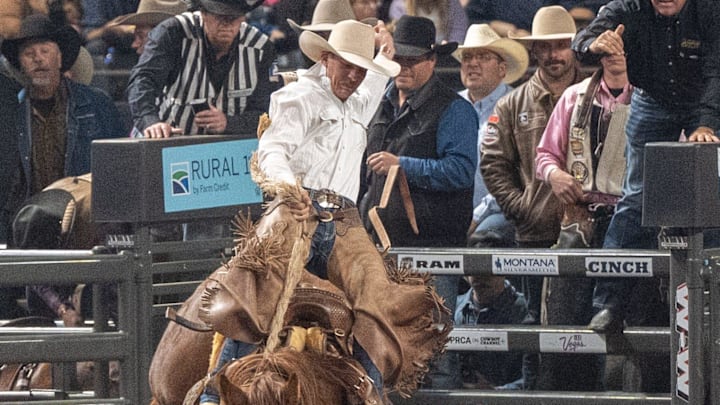 Wyatt Wegener competes in the saddle bronc riding competition on Friday, Nov. 15, 2024 during the North America Championship Rodeo at Freedom Hall in Louisville, Ky.