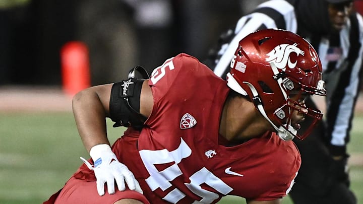Nov 26, 2022; Pullman, Washington, USA; Washington State Cougars defensive end Raam Stevenson (45) lines up for a play against the Washington Huskies in the second half at Gesa Field at Martin Stadium. Mandatory Credit: James Snook-Imagn Images