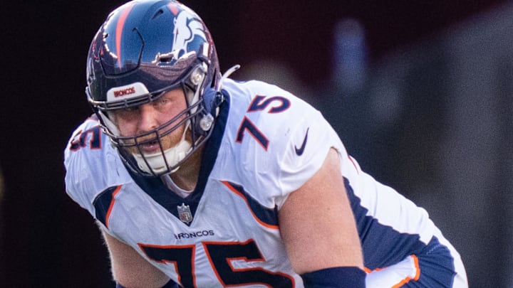 August 19, 2023; Santa Clara, California, USA; Denver Broncos offensive tackle Quinn Bailey (75) during the second quarter against the San Francisco 49ers at Levi's Stadium. Mandatory Credit: Kyle Terada-Imagn Images