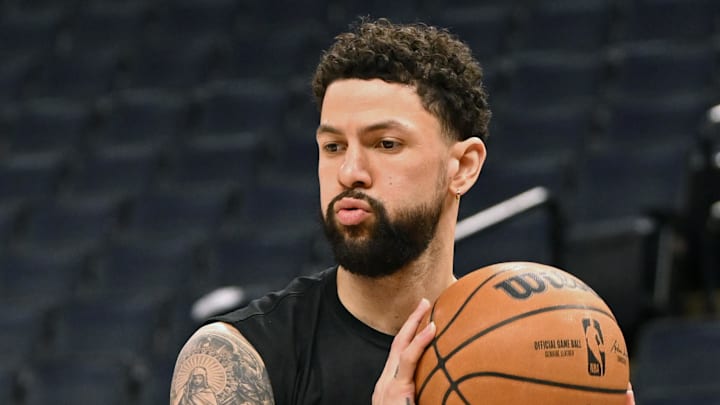 Feb 16, 2023; Minneapolis, Minnesota, USA;  Minnesota Timberwolves guard Austin Rivers (25) participates in shoot around before a game against the Washington Wizards at Target Center. Mandatory Credit: Nick Wosika-Imagn Images