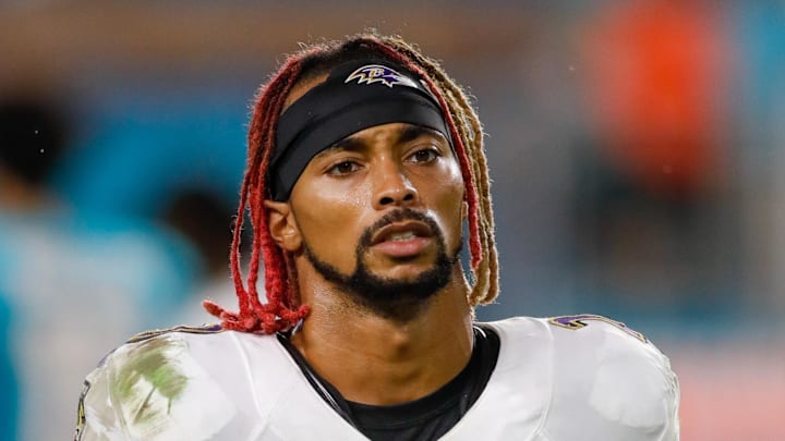 Nov 11, 2021; Miami Gardens, Florida, USA; Baltimore Ravens cornerback Anthony Averett (23) looks on after the game against the Miami Dolphins at Hard Rock Stadium. Mandatory Credit: Sam Navarro-Imagn Images Nov 11, 2021; Miami Gardens, Florida, USA; Baltimore Ravens cornerback Anthony Averett (23) looks on after the game against the Miami Dolphins at Hard Rock Stadium. Mandatory Credit: Sam Navarro-Imagn Images