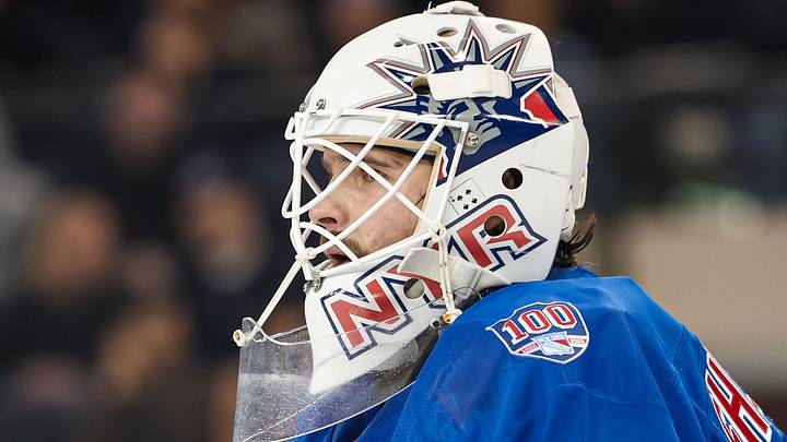 Apr 5, 2026; New York, New York, USA; New York Rangers goalie Igor Shesterkin (31) skates against the Washington Capitals during the second period at Madison Square Garden. Mandatory Credit: Danny Wild-Imagn Images